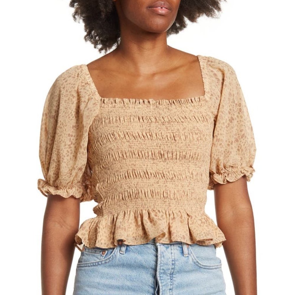 NWT WAYF Smocked Floral Short Puff Sleeve Top Cheetah Print Sz XL